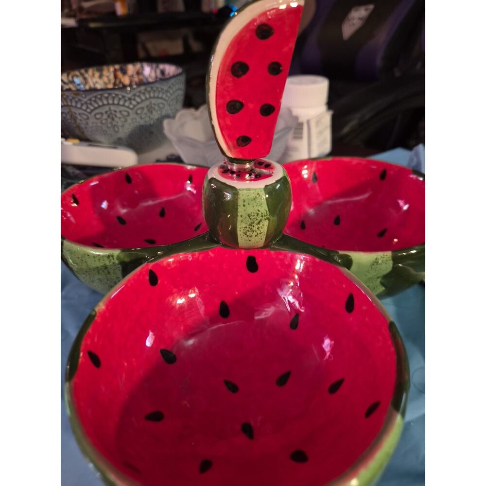 Vintage Burton Watermelon Relish Dish ceramic 3 Section Serving Set B...